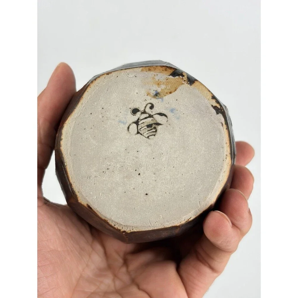 Studio Art Pottery Faceted Chawan Matcha Bowl Metallic Glaze Bumblebee Signed